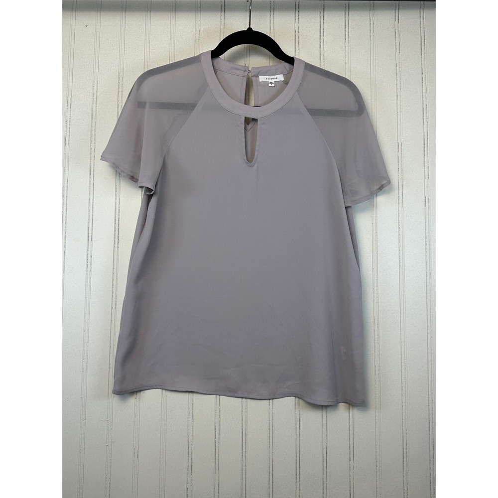 Pleione Women's Gray Sheer Sleeve‎ Top Keyhole Blouse Elegant